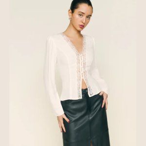 NWOT Reformation Nadene Top in Gossamer Ivory White Long Sleeves Button